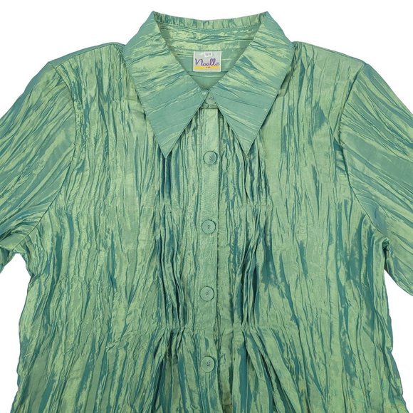 Noelle Crinkle Pleat Tunic Top Jacket Iridescent Green Size 16/18 Button Front - Picture 12 of 13